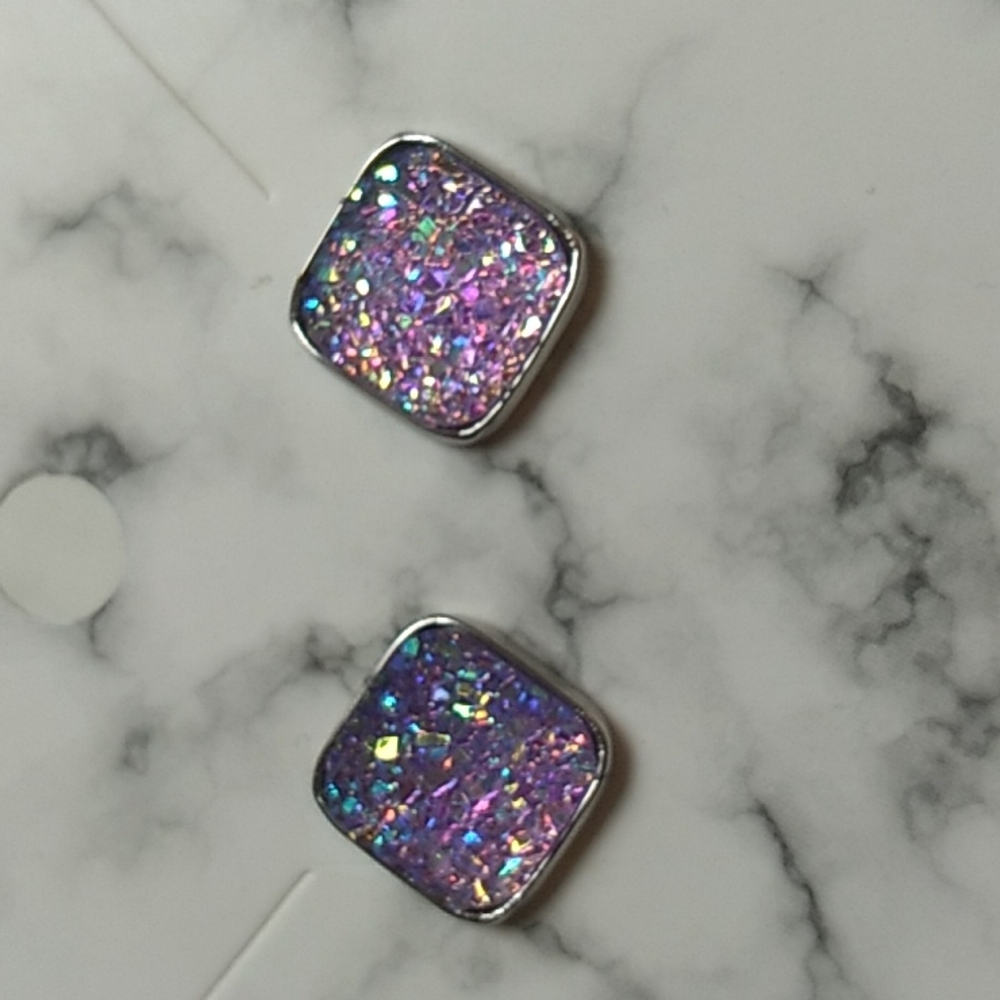 Stainless Steel Druzy Stud Earrings Square Shape Pink w Purple & Silver (23)
